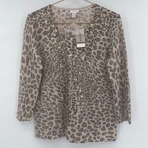 Chicos Cheetah Charm Metallic Cardigan Sweater Sand Women's 2 =12/14 M NWT